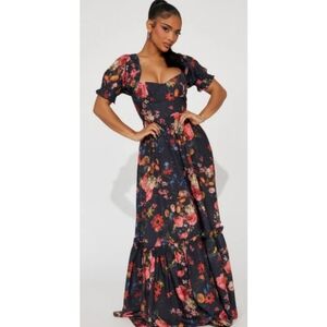 Fashion Nova Kelly Puff Sleeve Dark Floral Maxi Dress